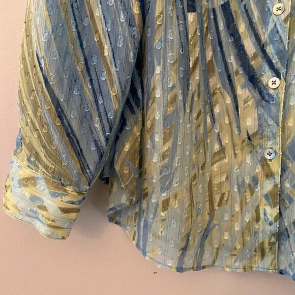 Chico's Blue Green Metallic Transparent Button Down Blouse Women 2 / Large / 12 - Picture 4 of 9